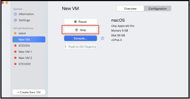 Stop button for a running VM in Orka Desktop