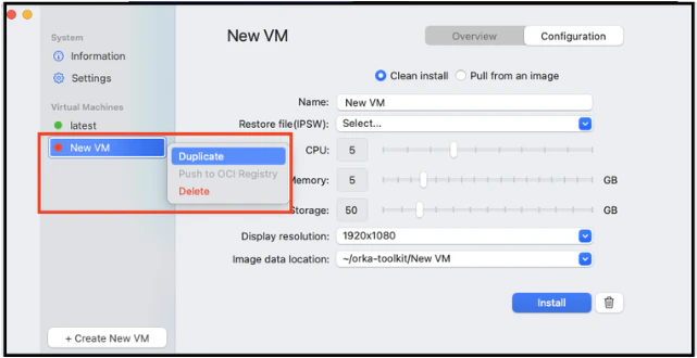 Right-click context menu on a VM showing Duplicate, Push to OCI Registry, and Delete options