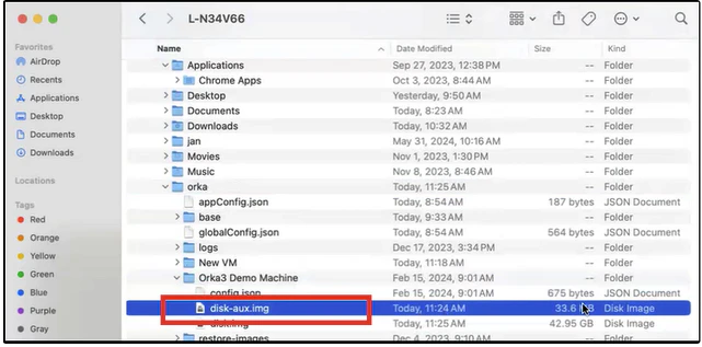 Orka Desktop log file view with Node Info, Image Info, VM Details, and Logs sections