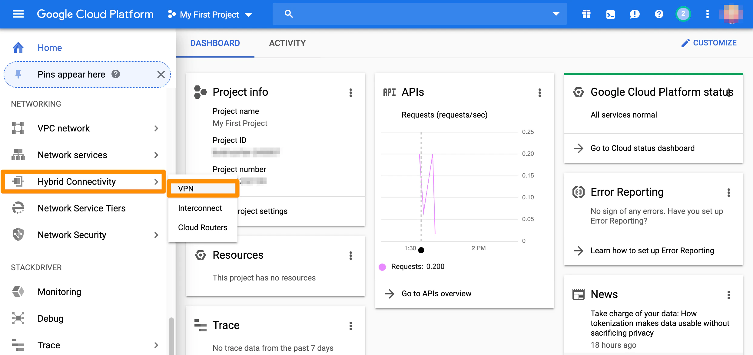 GCP console Hybrid Connectivity VPN navigation