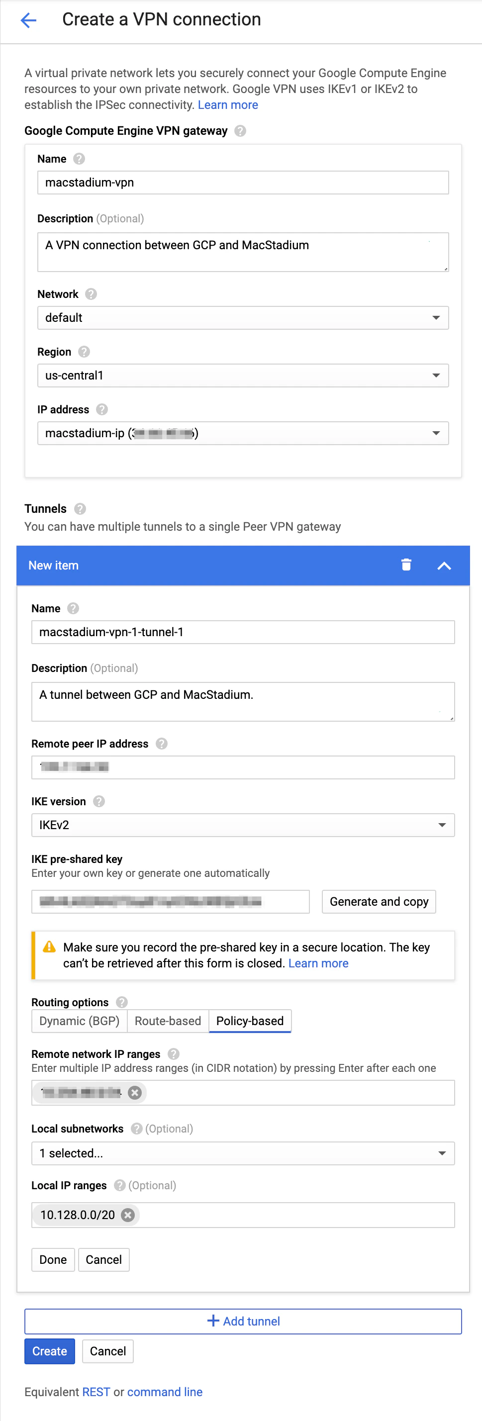 Sample GCP VPN gateway and tunnel configuration