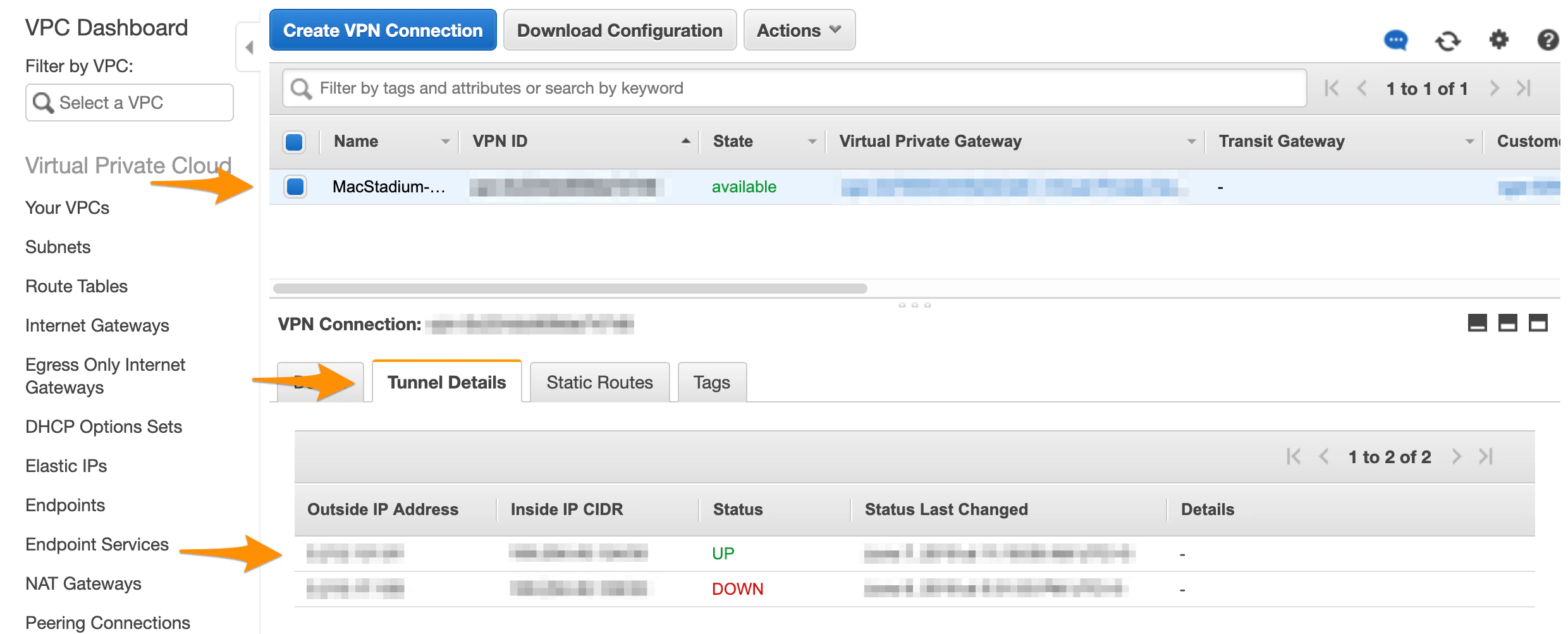 AWS VPN Tunnel Details showing one tunnel status as Up