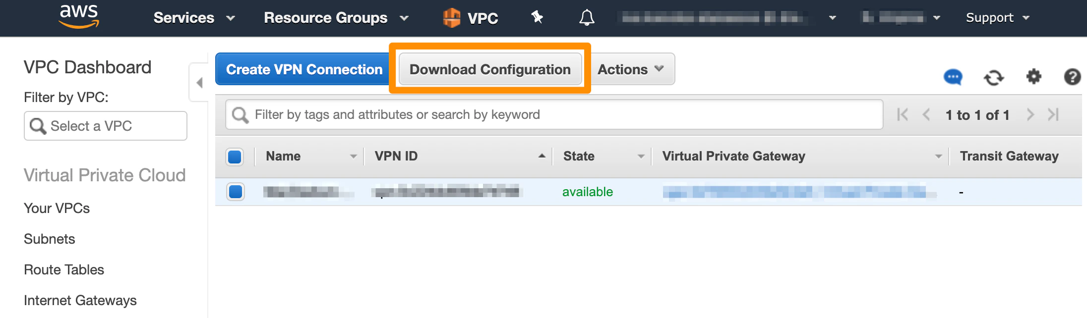 AWS VPN connection selected with Download Configuration button visible
