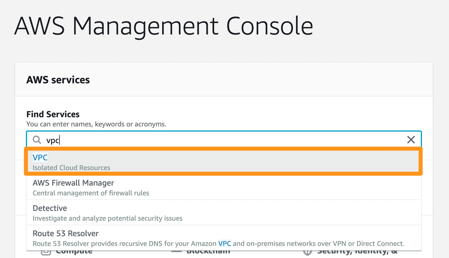AWS Management Console Find Services bar with VPC typed