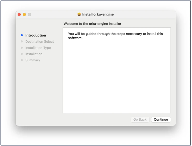 macOS installer window for orka-engine showing the Introduction step
