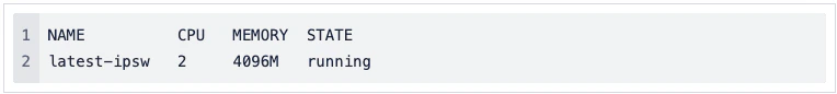 Terminal output of orka-engine vm list showing a VM named latest-ipsw with 2 CPUs, 4096M memory, in running state