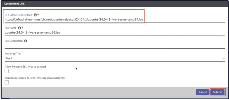 Private Cloud Upload from URL field with download link pasted