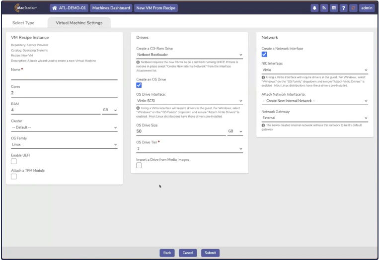 Private Cloud Virtual Machine Settings tab