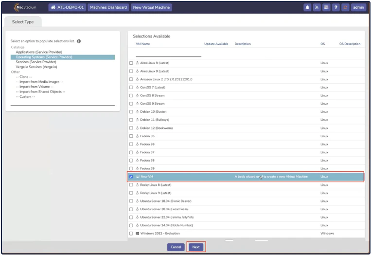 Private Cloud Select Type tab with New VM option selected