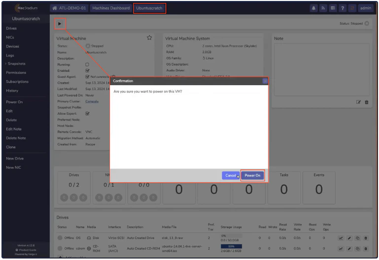 Private Cloud Power On confirmation dialog