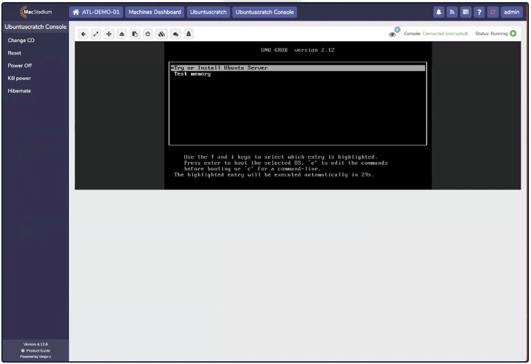 Private Cloud console showing VM display output