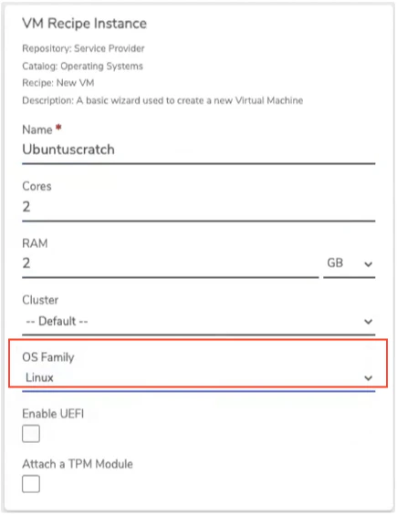 Private Cloud VM Recipe Instance fields showing Name, Cores, RAM, Cluster, and OS Family