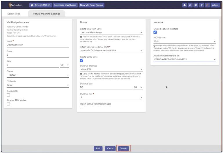 Private Cloud Virtual Machine Settings with Submit button