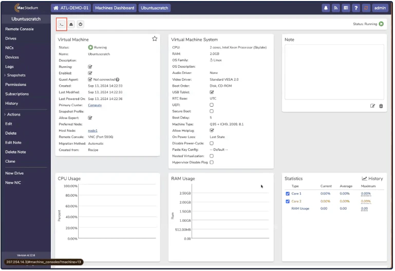 Private Cloud VM page with Console button highlighted