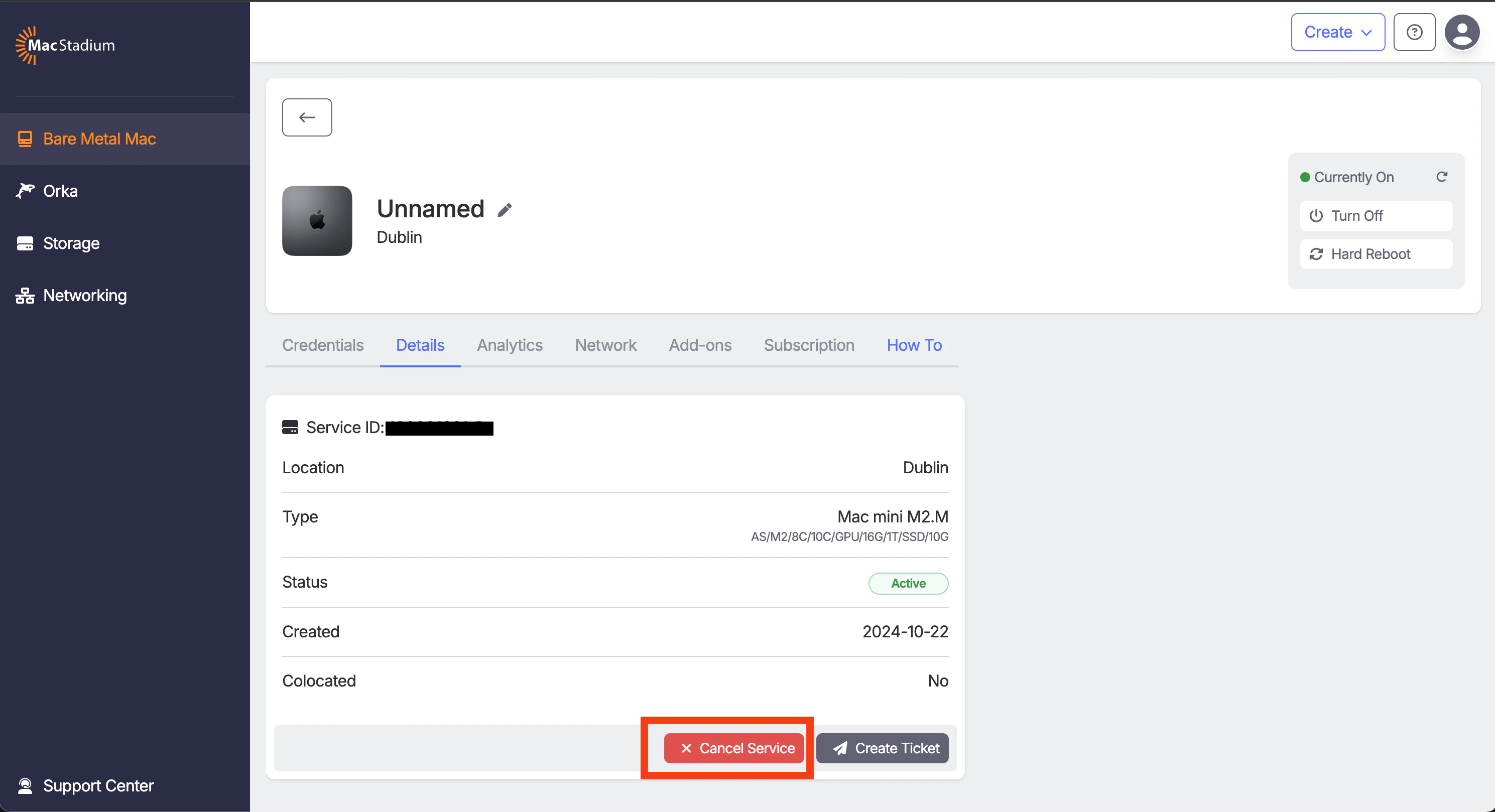 MacStadium Portal subscription Details tab with Cancel Service button highlighted