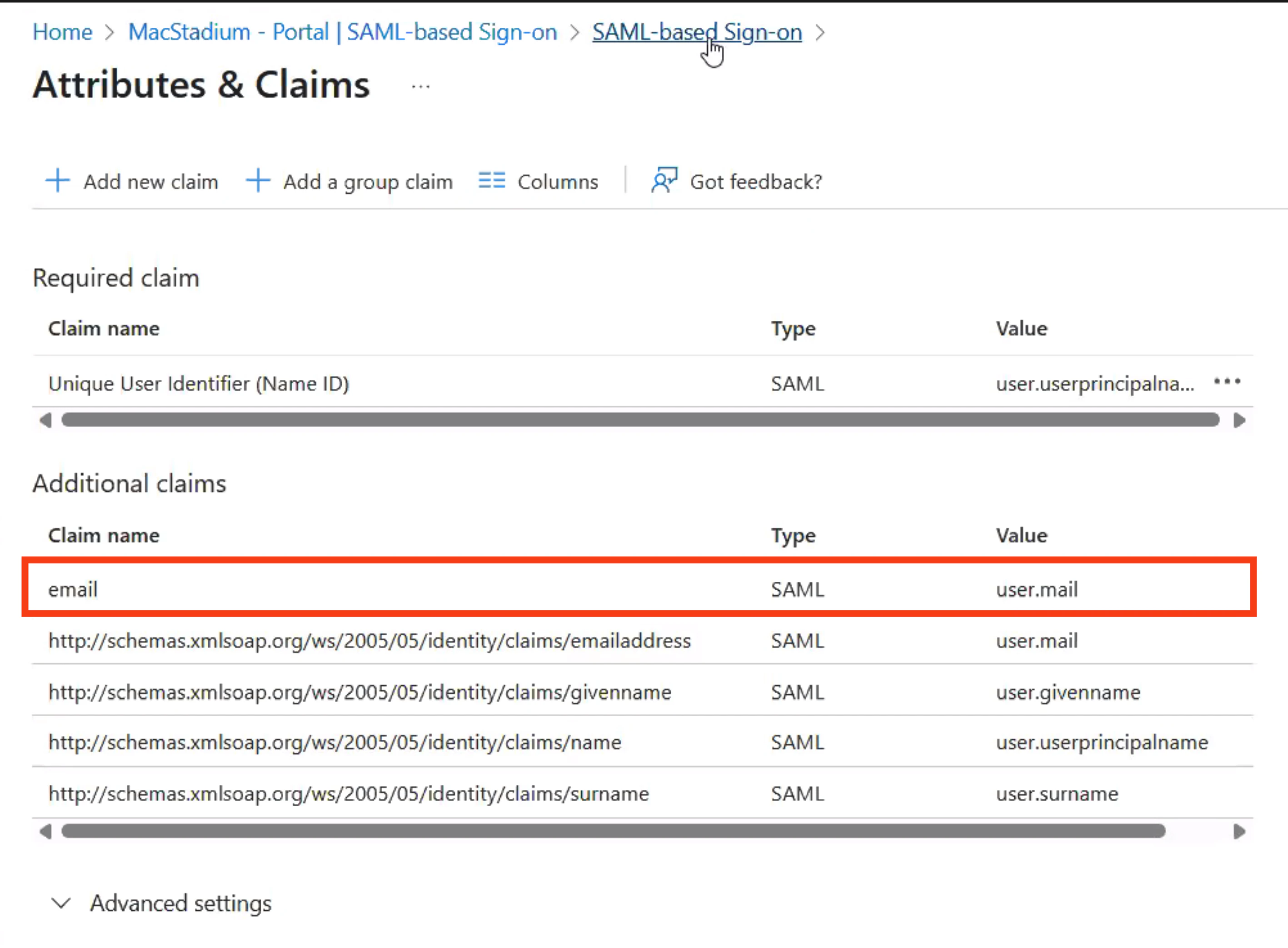 Azure Attributes and Claims configuration with email mapped to user.mail