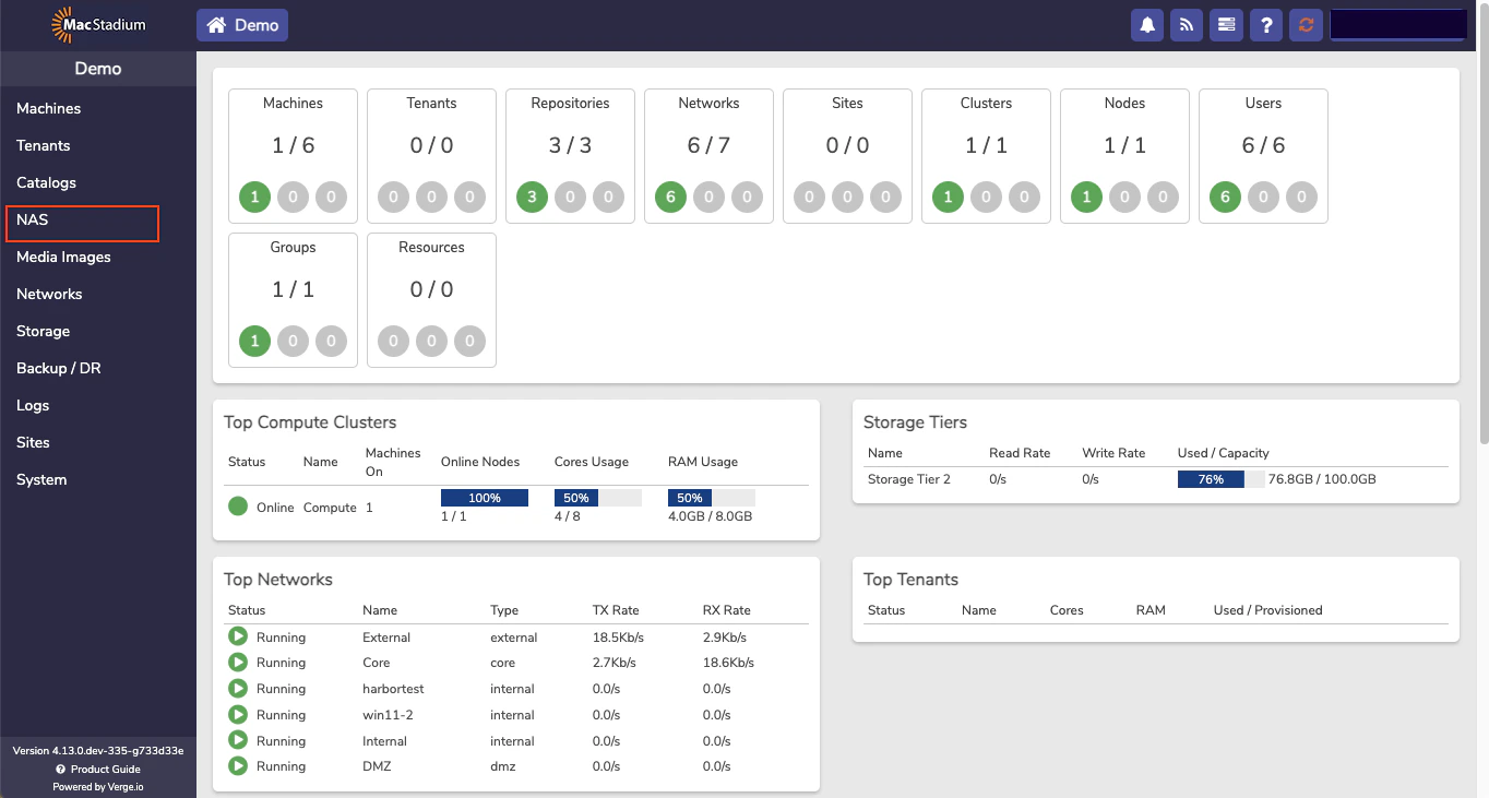 Private Cloud left sidebar with NAS option highlighted