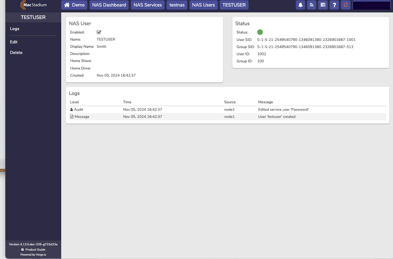Private Cloud NAS Users list showing the newly created user