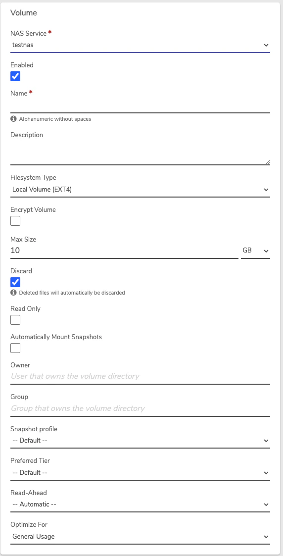 Private Cloud New Volume form with NAS Service dropdown