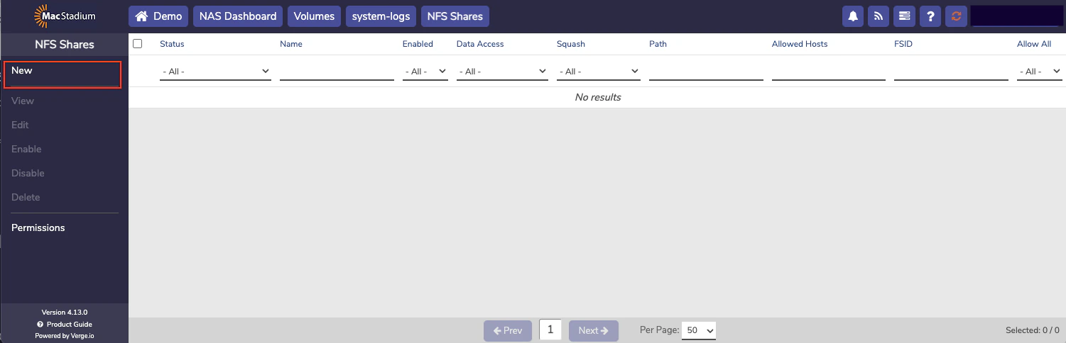 Private Cloud NFS Shares page with New button
