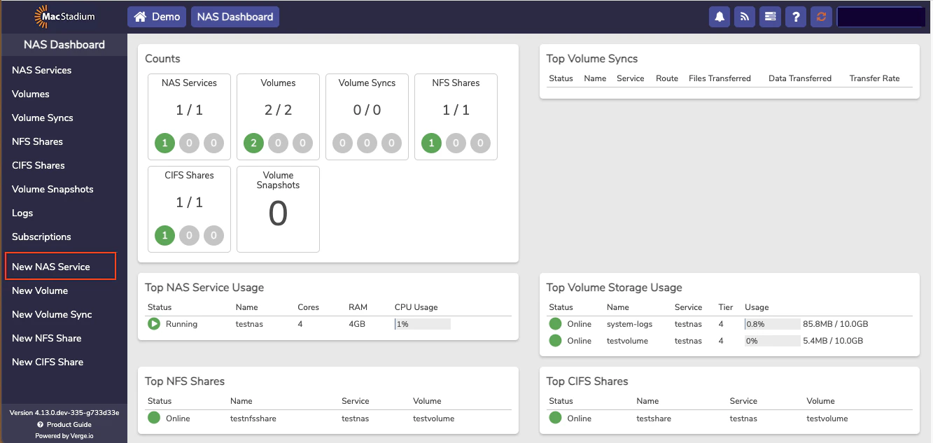 Private Cloud NAS Dashboard with no services and New NAS Service button