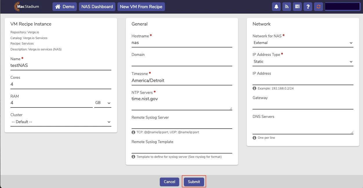 Private Cloud New NAS Service recipe form with VM Recipe Instance fields