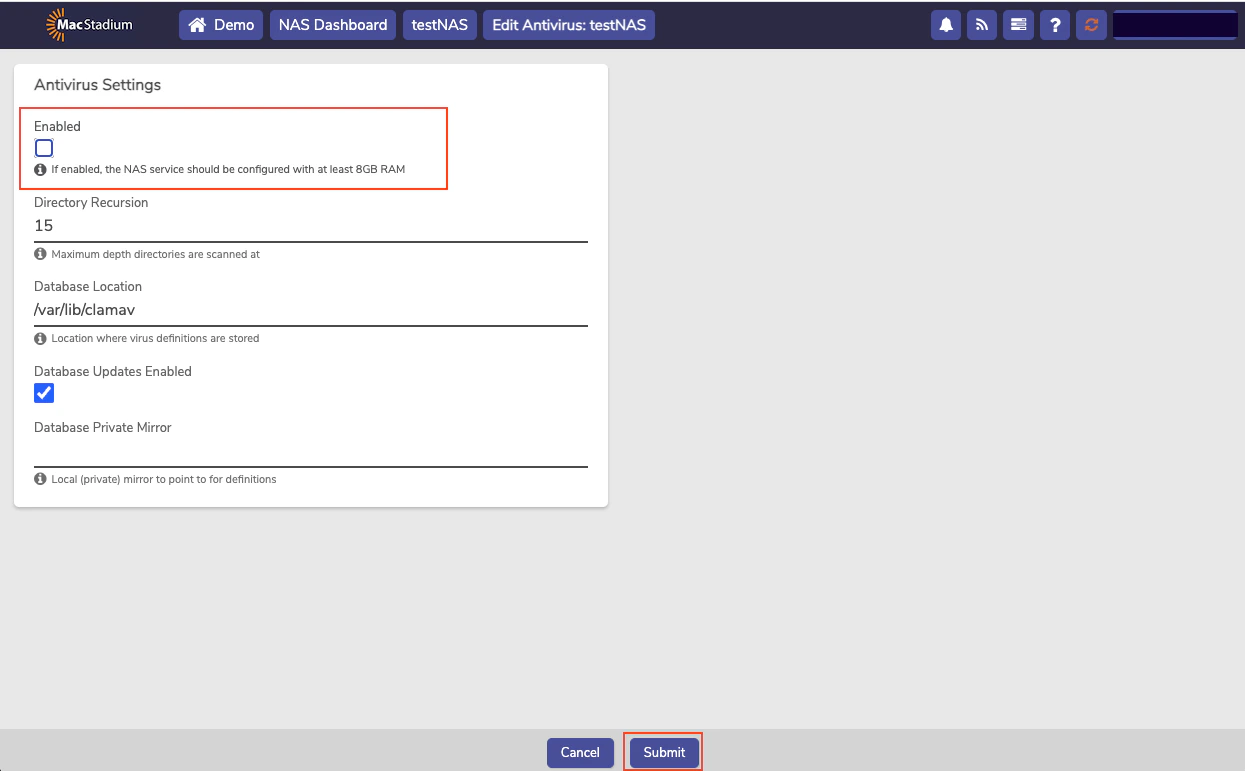Private Cloud Antivirus Settings dialog with Submit button