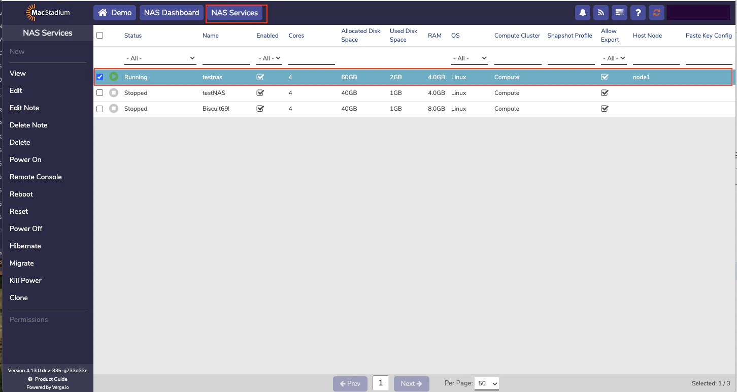 Private Cloud NAS Services list with a service to select