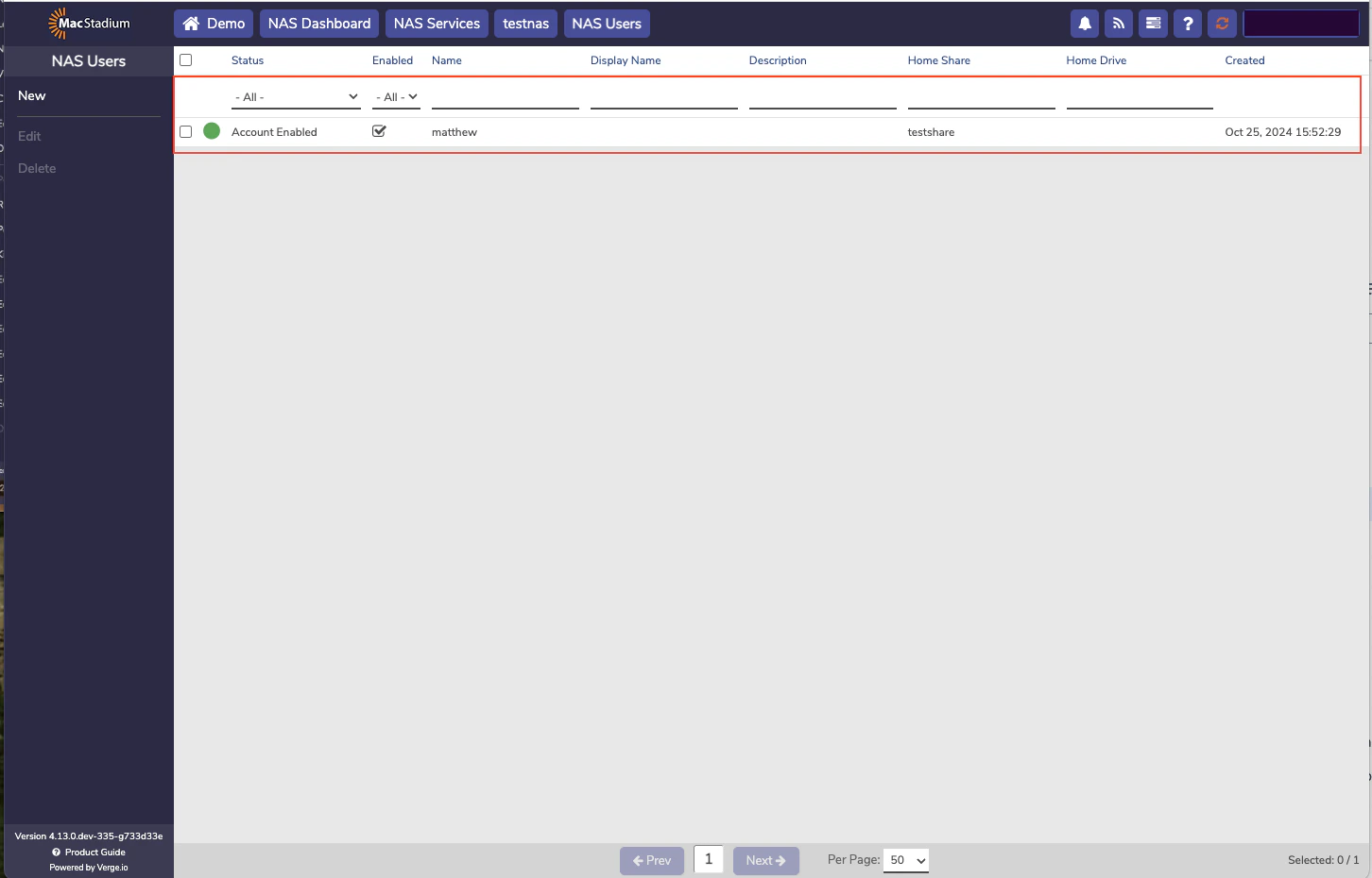 Private Cloud NAS Service detail showing NAS User option
