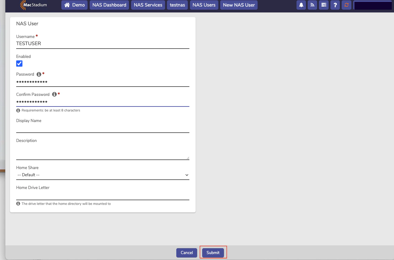 Private Cloud New NAS User form with username and password fields