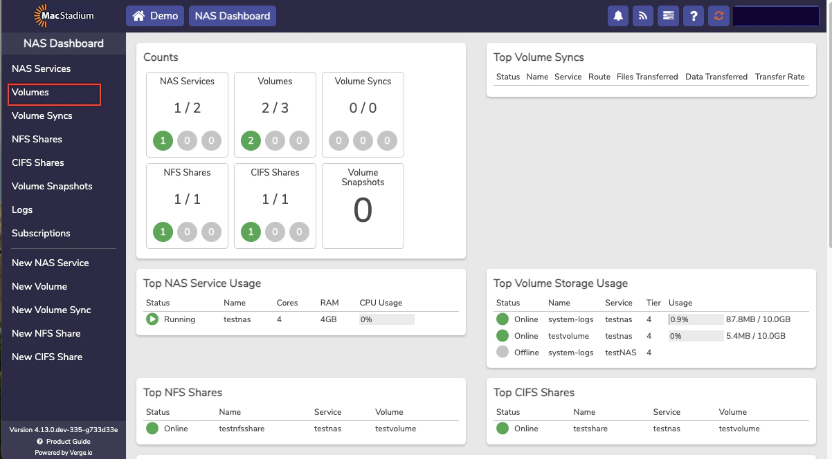 Private Cloud left menu with Volumes option highlighted