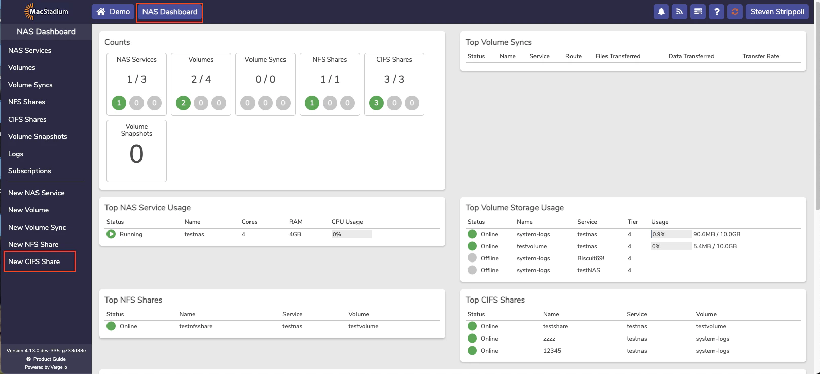 Private Cloud NAS Dashboard with New CIFS Shares button