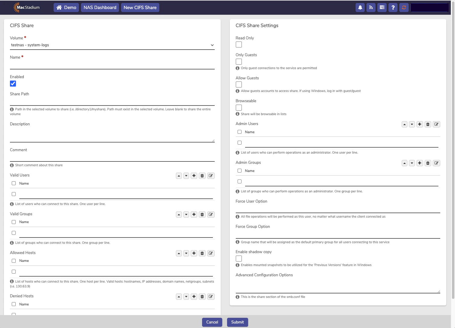 Private Cloud CIFS Shares form with Name, Share Path, and permissions fields