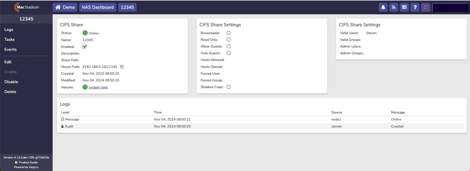 Private Cloud NAS CIFS Shares list showing the newly created share