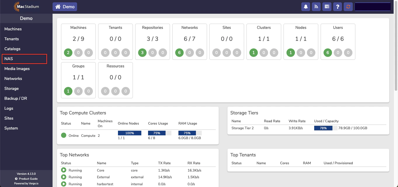 Private Cloud left sidebar with NAS option highlighted