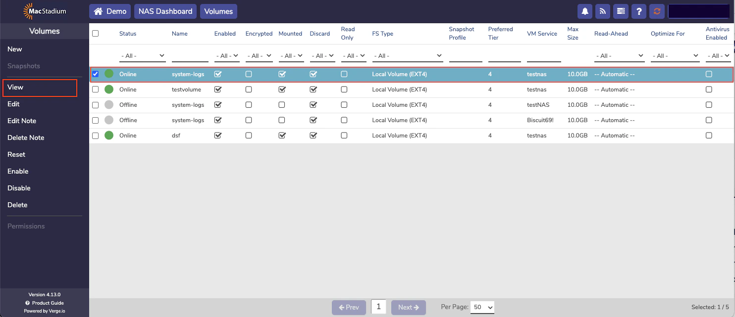 Private Cloud Volumes list with a volume row highlighted