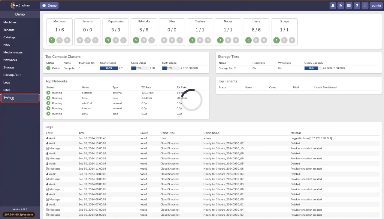 Private Cloud main dashboard with System option in left menu