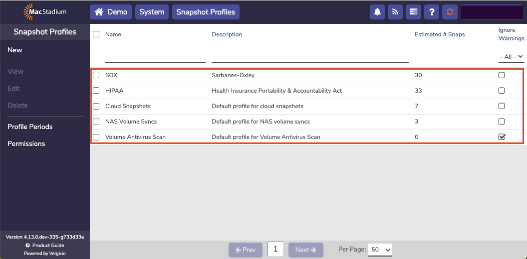 Private Cloud System menu with Snapshot Profiles option
