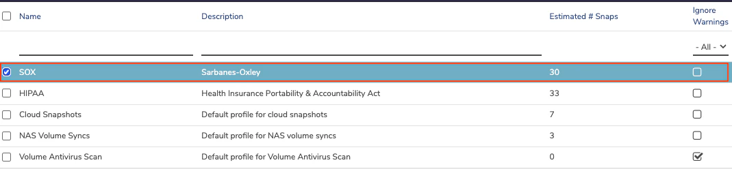 Private Cloud Snapshot Profiles list showing SOX and other default profiles