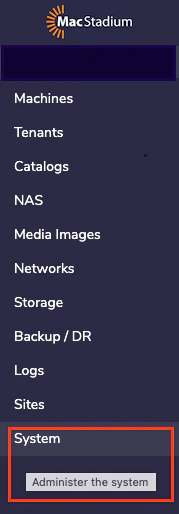 Private Cloud main dashboard with System option in left menu