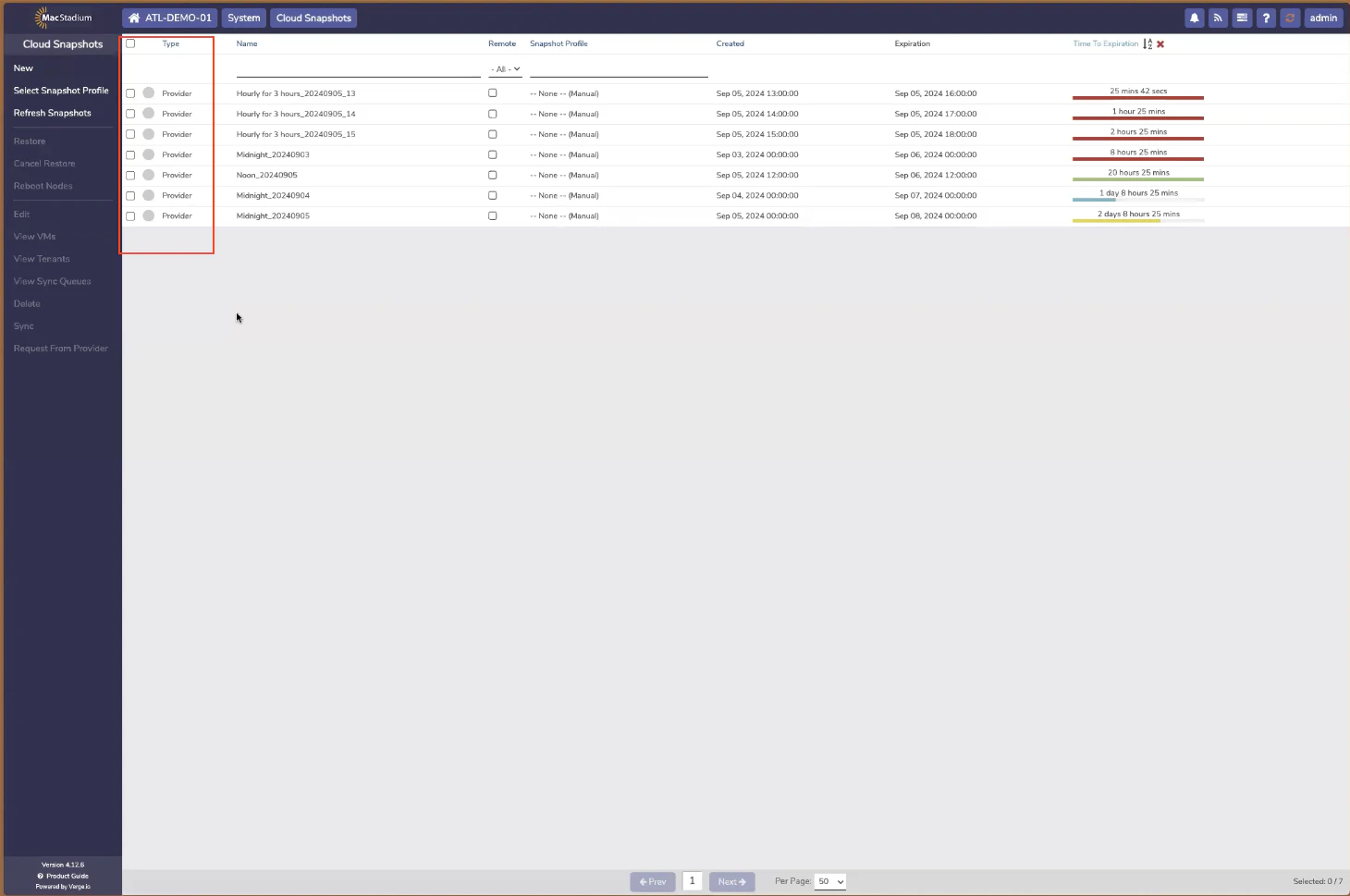 Private Cloud Cloud Snapshots page showing no profile selected