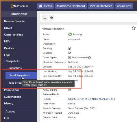 Private Cloud Cloud Snapshots list showing a newly created snapshot entry