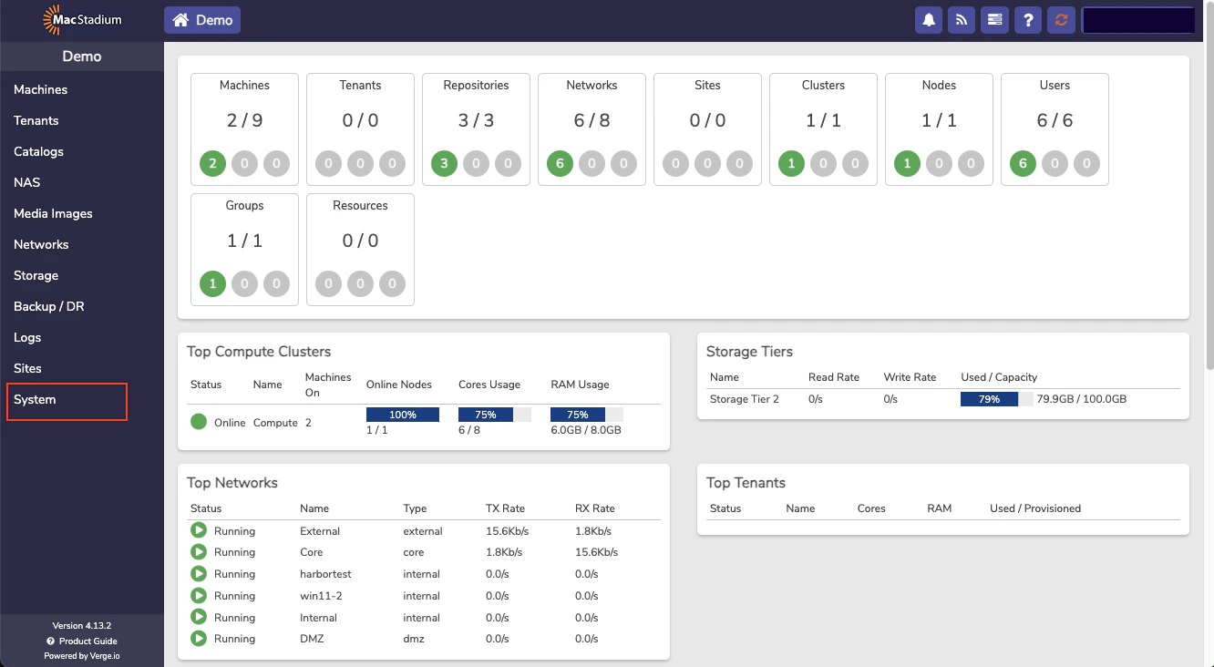 Private Cloud main dashboard with System option in left menu