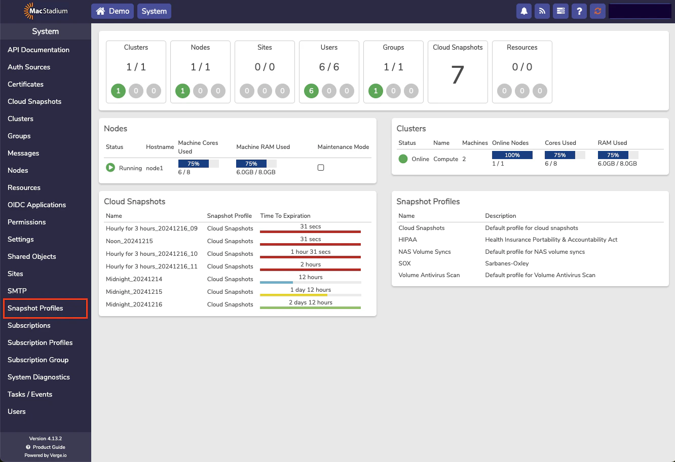 Private Cloud System menu with Snapshot Profiles option highlighted