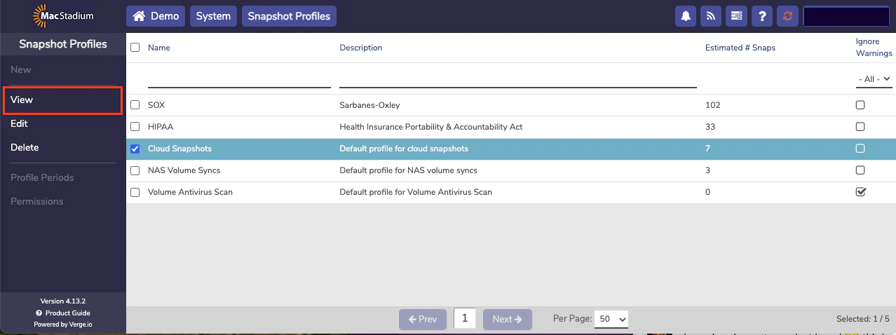 Private Cloud Snapshot Profile dashboard showing periods and edit options