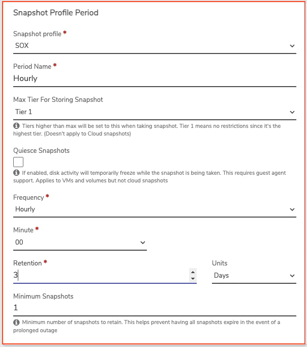 Private Cloud Snapshot Profile Period form with frequency and retention fields