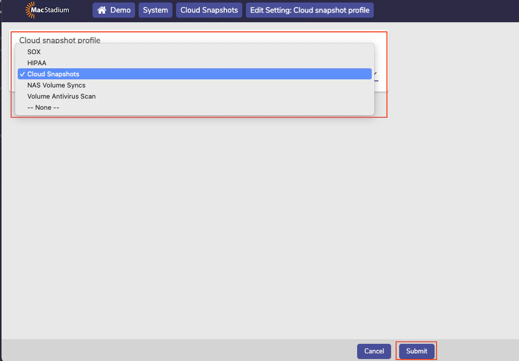 Private Cloud Select Snapshot Profile form with dropdown and Submit button
