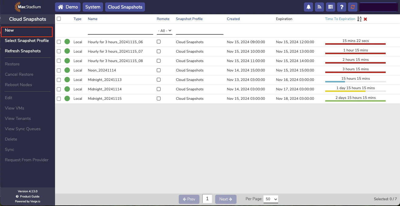 Private Cloud Cloud Snapshots left menu with New option