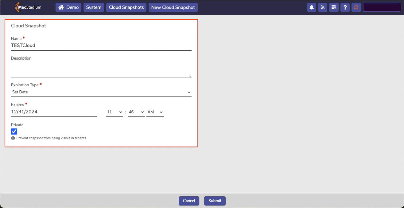 Private Cloud New Cloud Snapshot form with Name, Description, and Expires fields