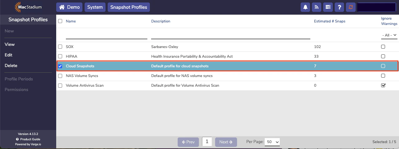 Private Cloud Snapshot Profiles list with a profile row highlighted